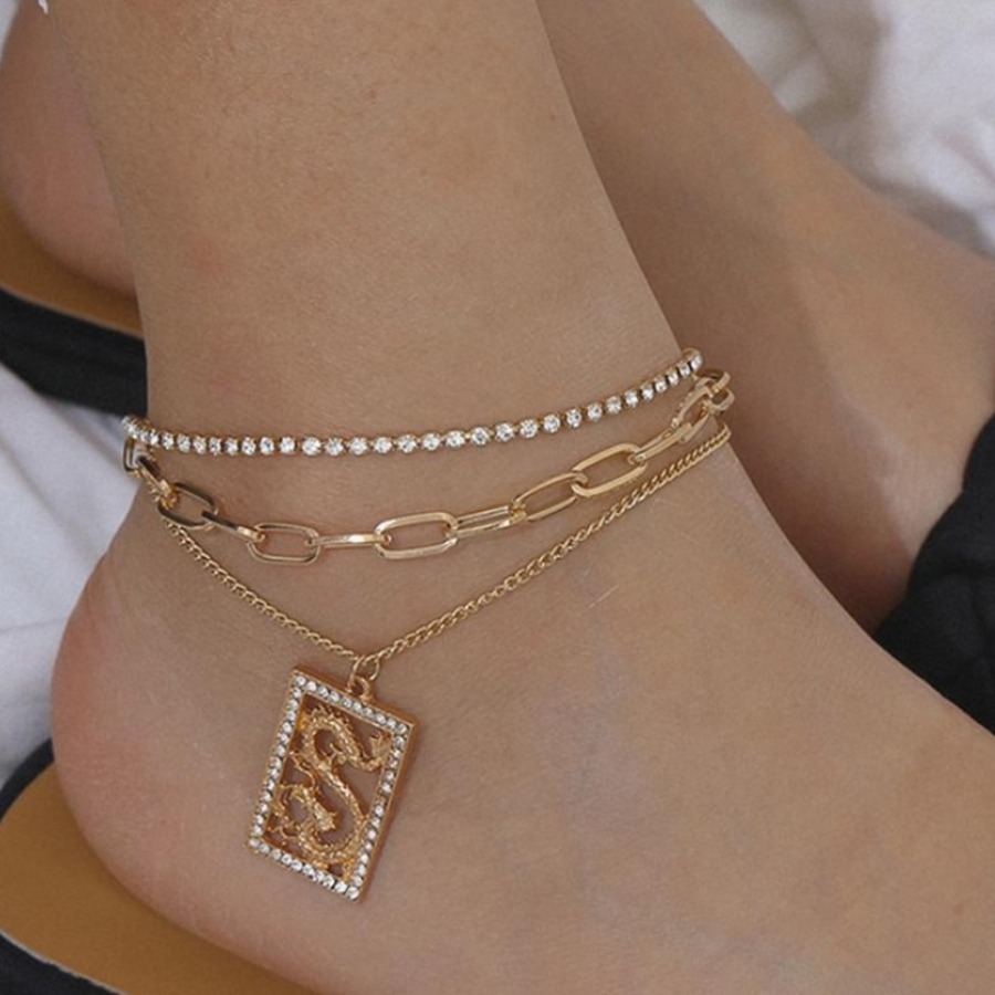 

LW Letter Decor Multilayer Anklet Body Chain, Gold