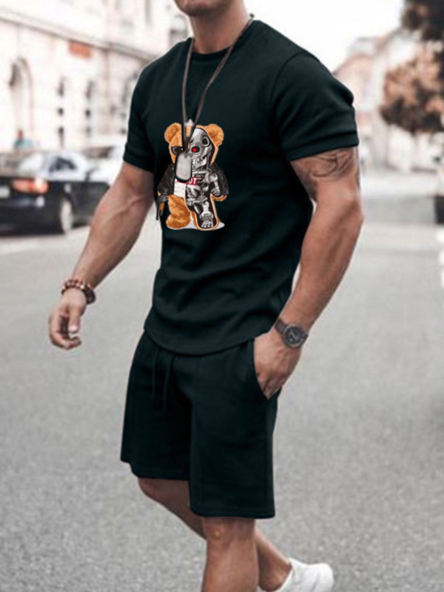 LW Men Cartoon Print Drawstring Shorts Set
