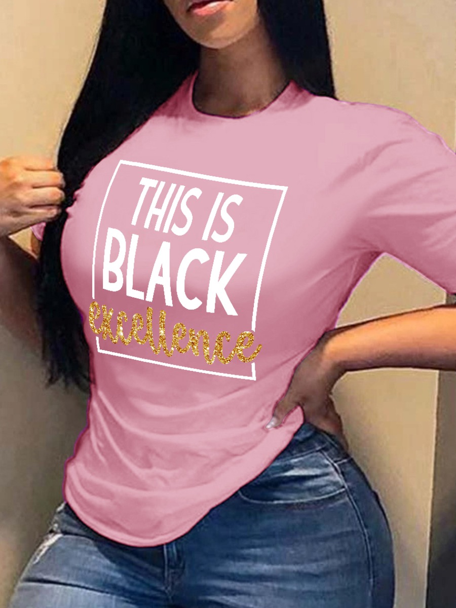 

LW Round Neck Letter Print T-shirt, Pink