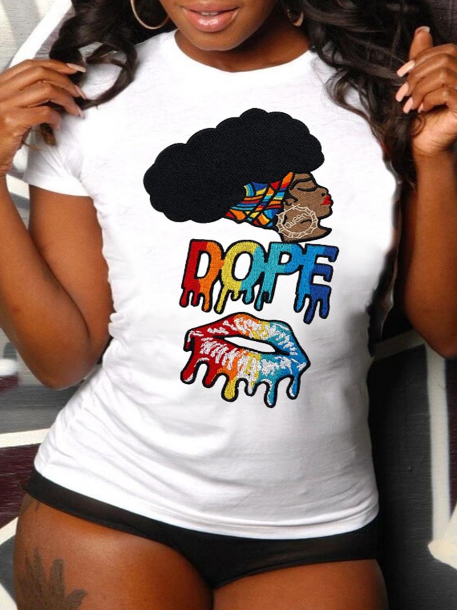 

LW Plus Size Lip Letter Print T-shirt, White