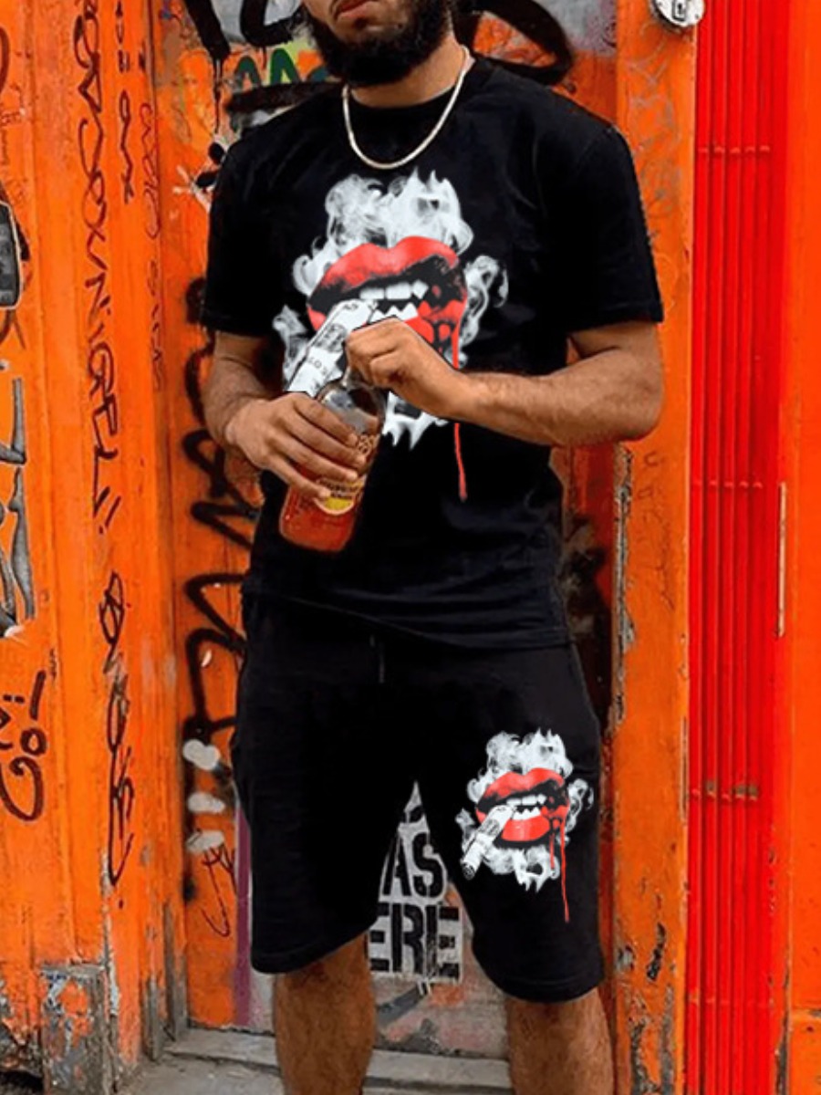 LW Men Lip Print Drawstring Shorts Set