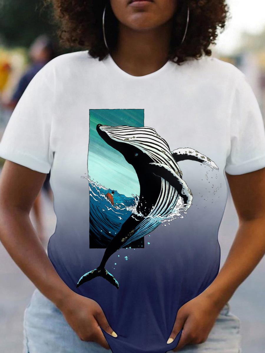 

LW Plus Size Gradient Fish Print T-shirt, Blue