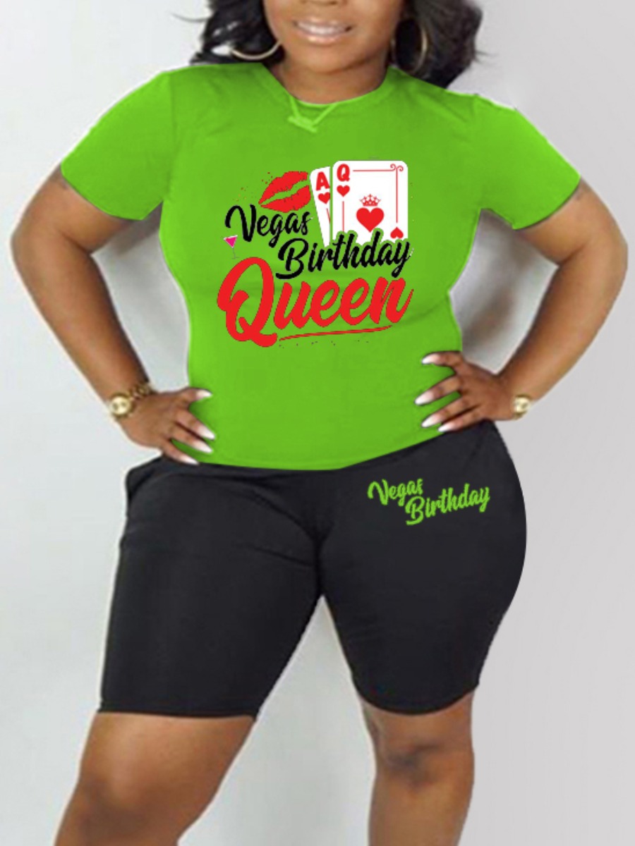 

LW Plus Size Poker Queen Letter Print Shorts Set, Green