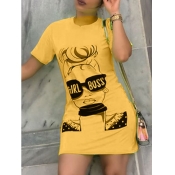 LW Casual O Neck Printed Yellow Mini Dress