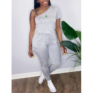 

LW Plus Size One Shoulder Drawstring Jumpsuit, Light grey