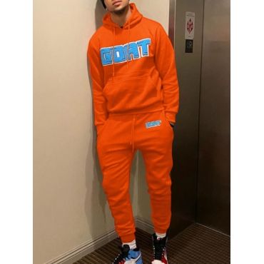 

LW Men Hooded Collar Letter Print Tracksuit Set, Orange