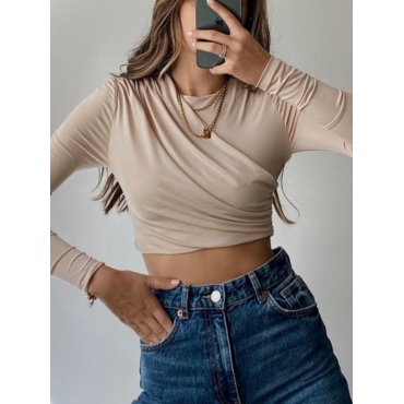 

LW Round Neck Ruched Crop Top Tee, Apricot