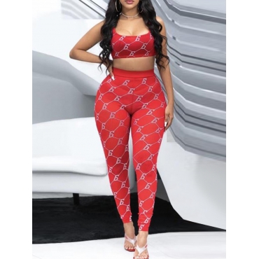 

LW SXY Plus Size Geometric Print See-through Pants Set, Red