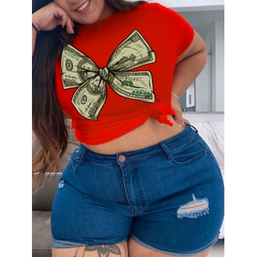 

LW Plus Size Knot Money Print T-shirt, Red