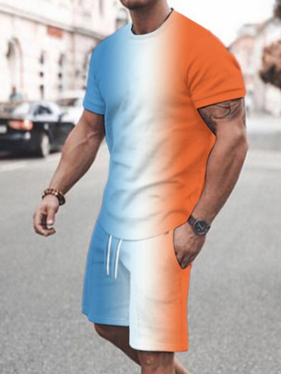 LovelyWholesale Men Gradient Drawstring Shorts Set Summer Short Sleeve Casual Graffiti Element Round Neck Spring Summer 2024