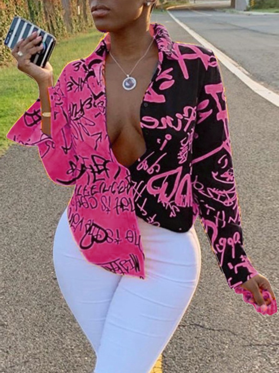 

LW Graffiti Letter Print Shirt, Pink
