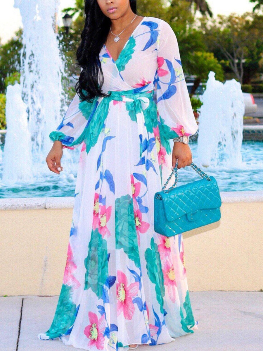

LW Plus Size Floral Print A Line Dress, Lvory white