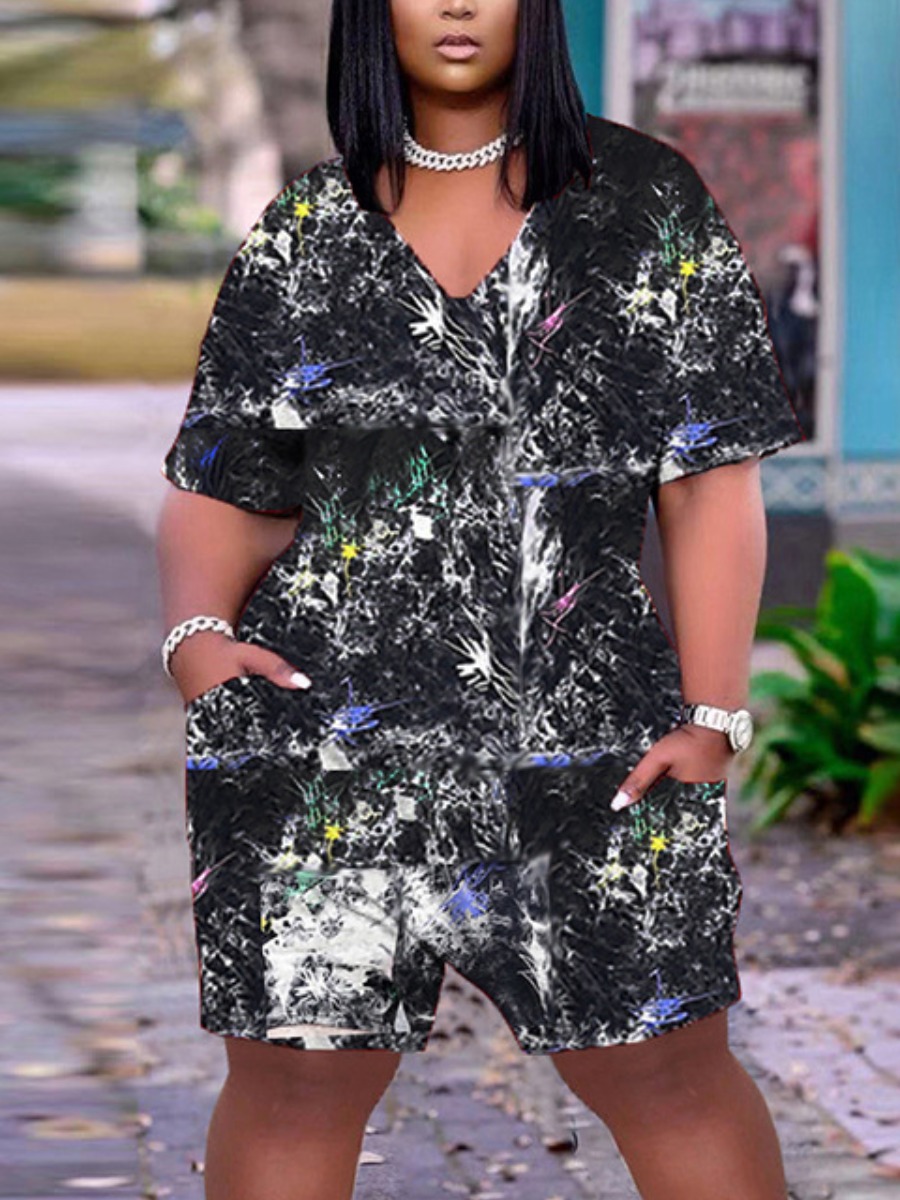 

LW V Neck Tie-dye Loose Romper, Black