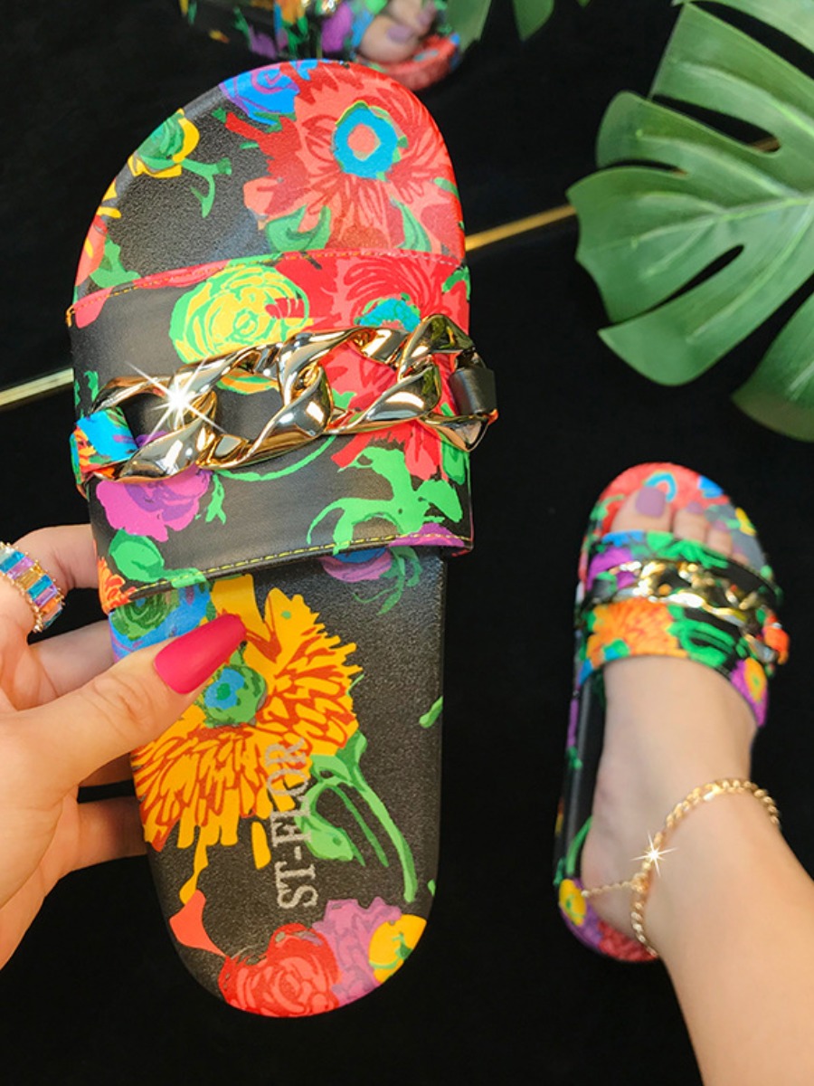 

LW Floral Print Chain Decor Slippers, Black
