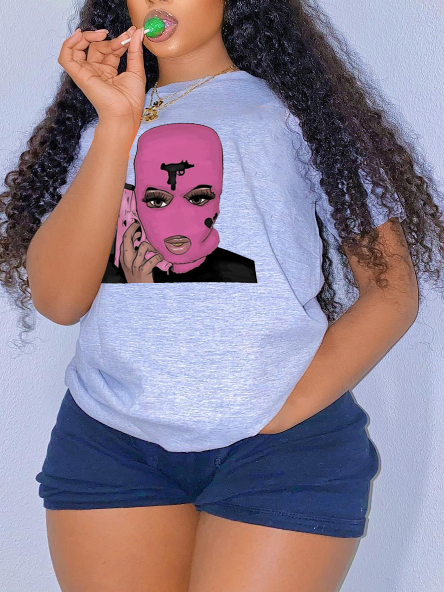 

LW Round Neck Masked Face Print T-shirt, Grey