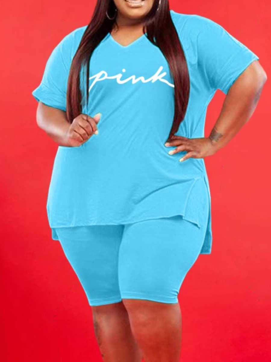 

LW Plus Size Pink Letter Print Split Shorts Set, Baby blue