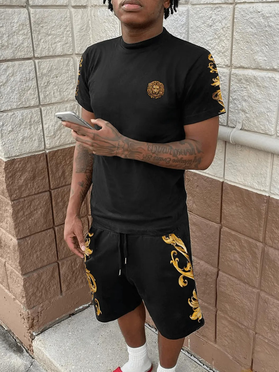LW Men Casual Lion Floral Print Black Two Piece Shorts Set