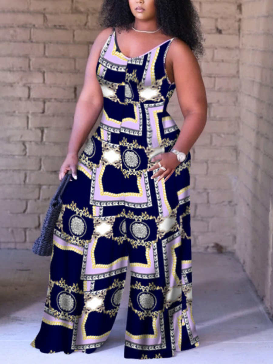 LovelyWholesale Plus Size Casual Print Patchwork Multicolor One-piece Jumpsuit Spring|Summer Sleeveless Casual Pants V Neck  5X Spring Summer 2024