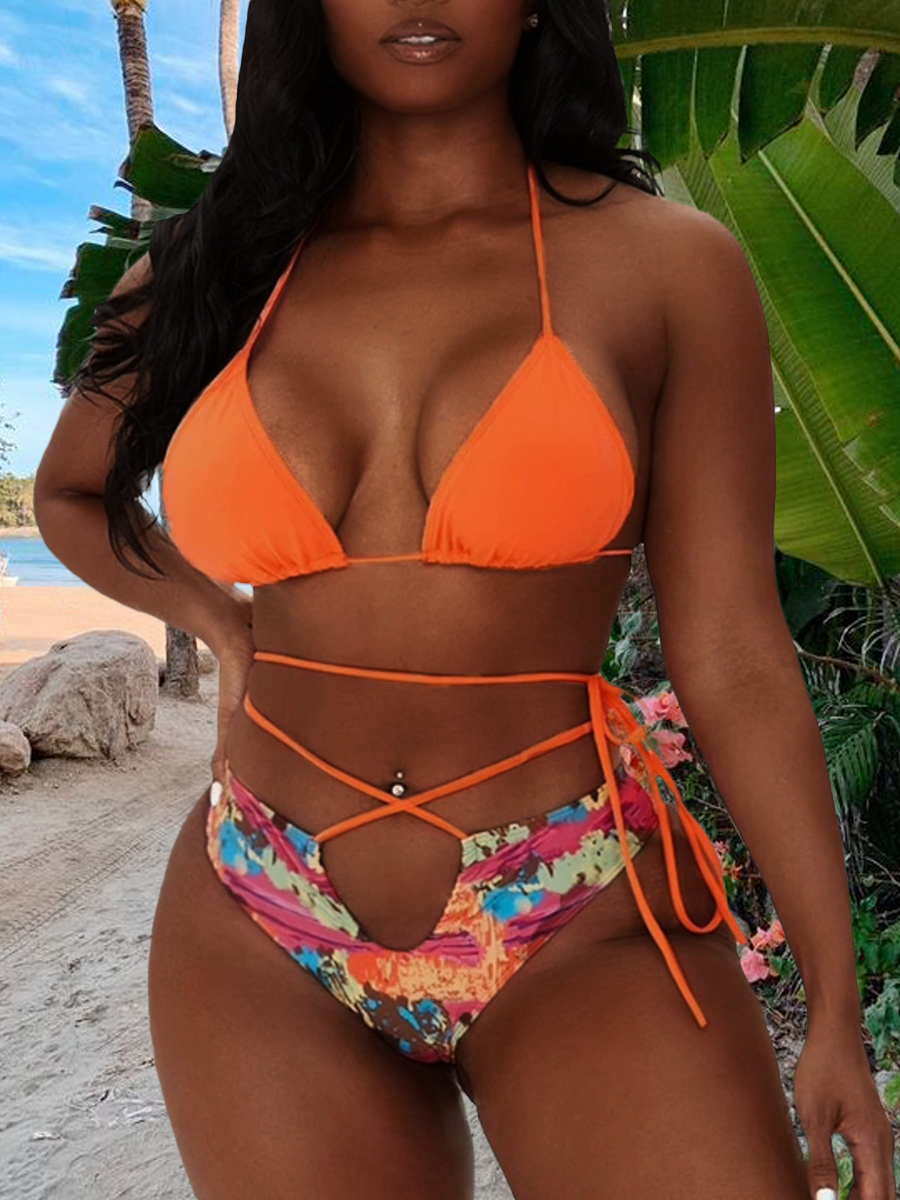 

LW SXY Mixed Print Cross Strap Bikini Set, Orange