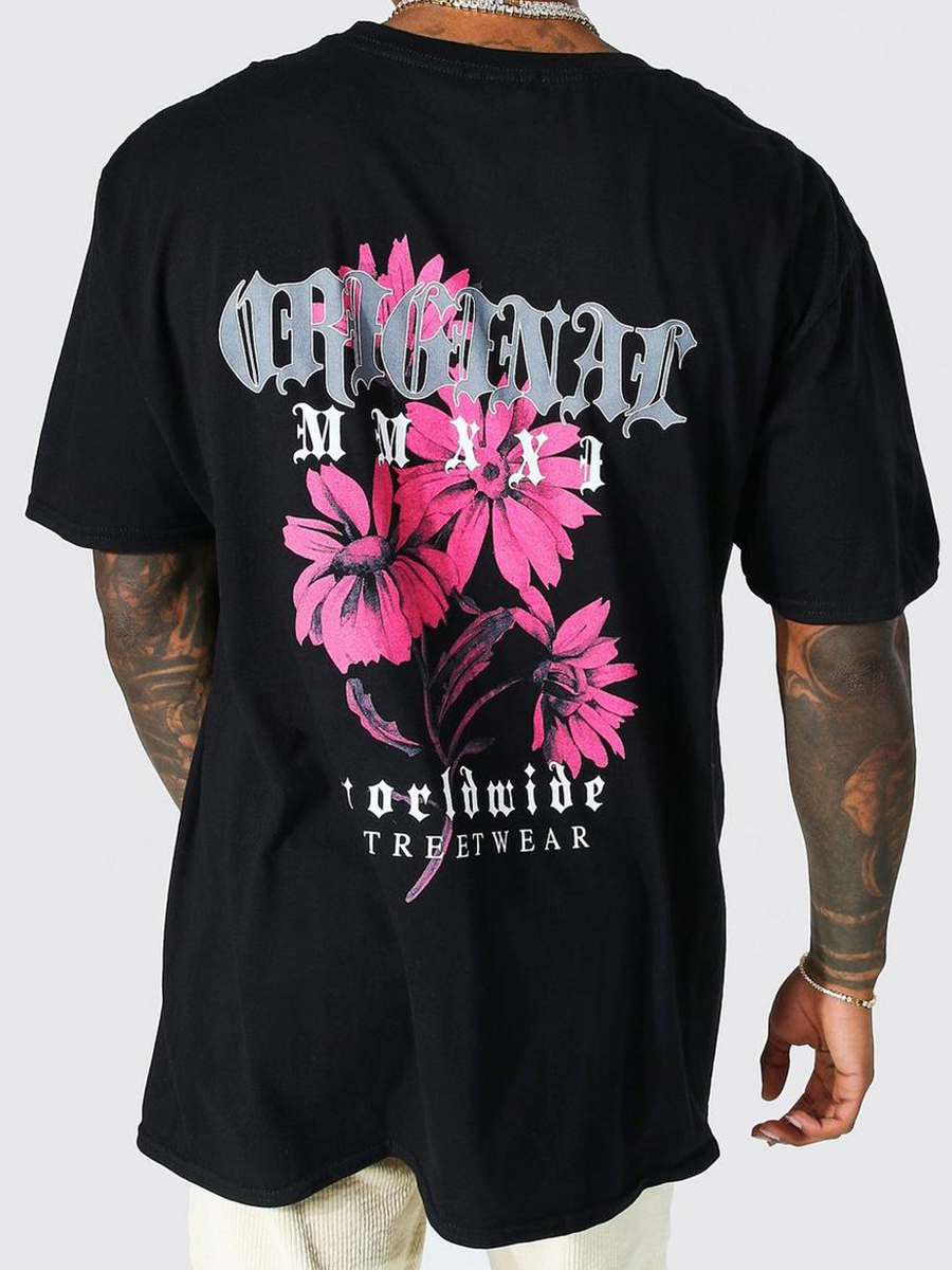 

LW Men Floral Letter Print T-shirt, Black