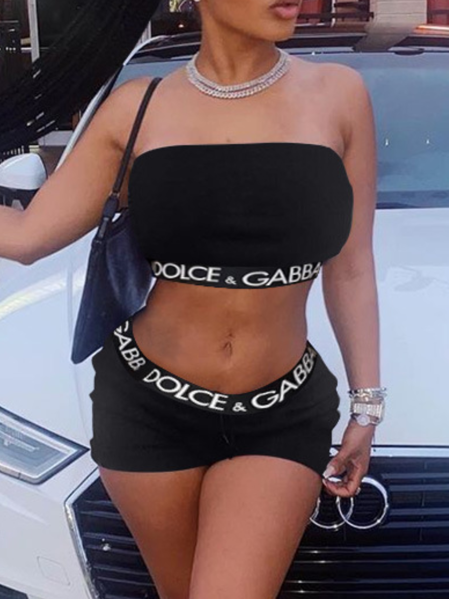 

LW SXY Crop Top Letter Print Shorts Set, Black