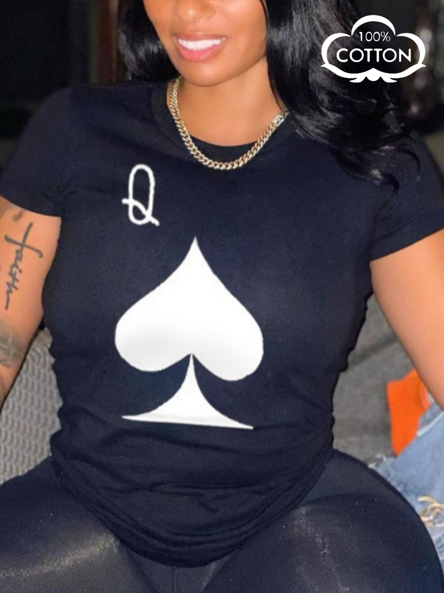 

LW COTTON Plus Size Poker Letter Print T-shirt, Black