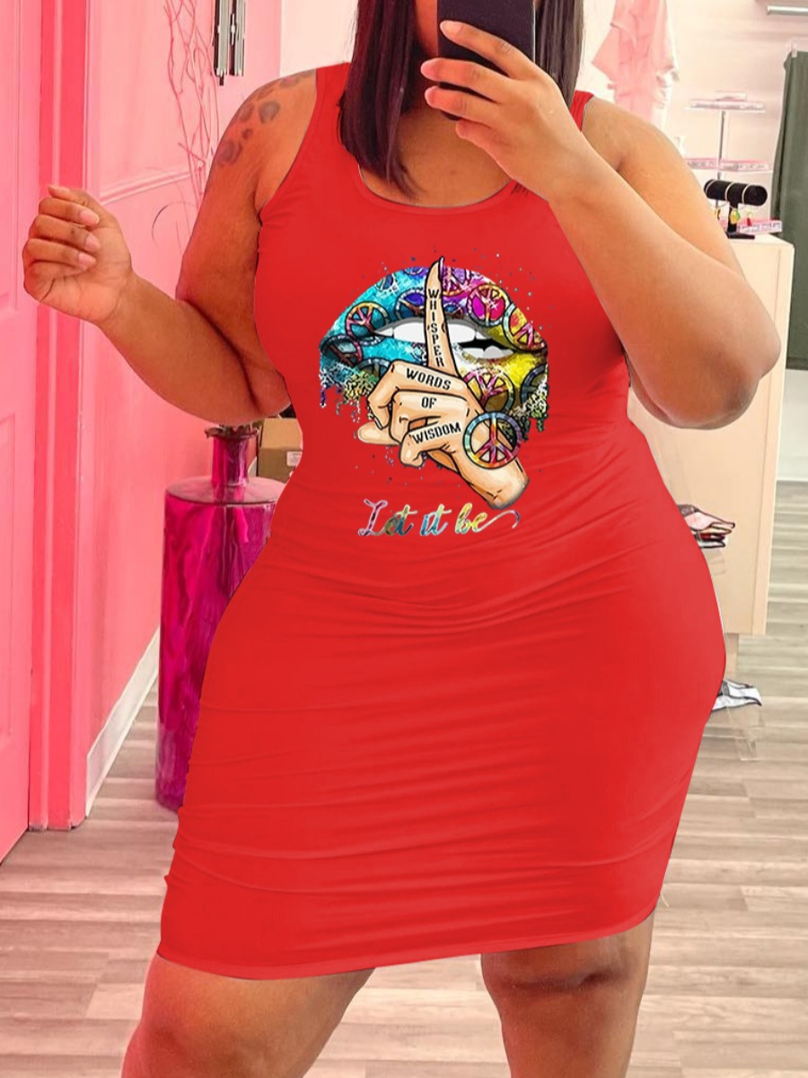 

LW Plus Size Lip Letter Print Bodycon Dress, Red
