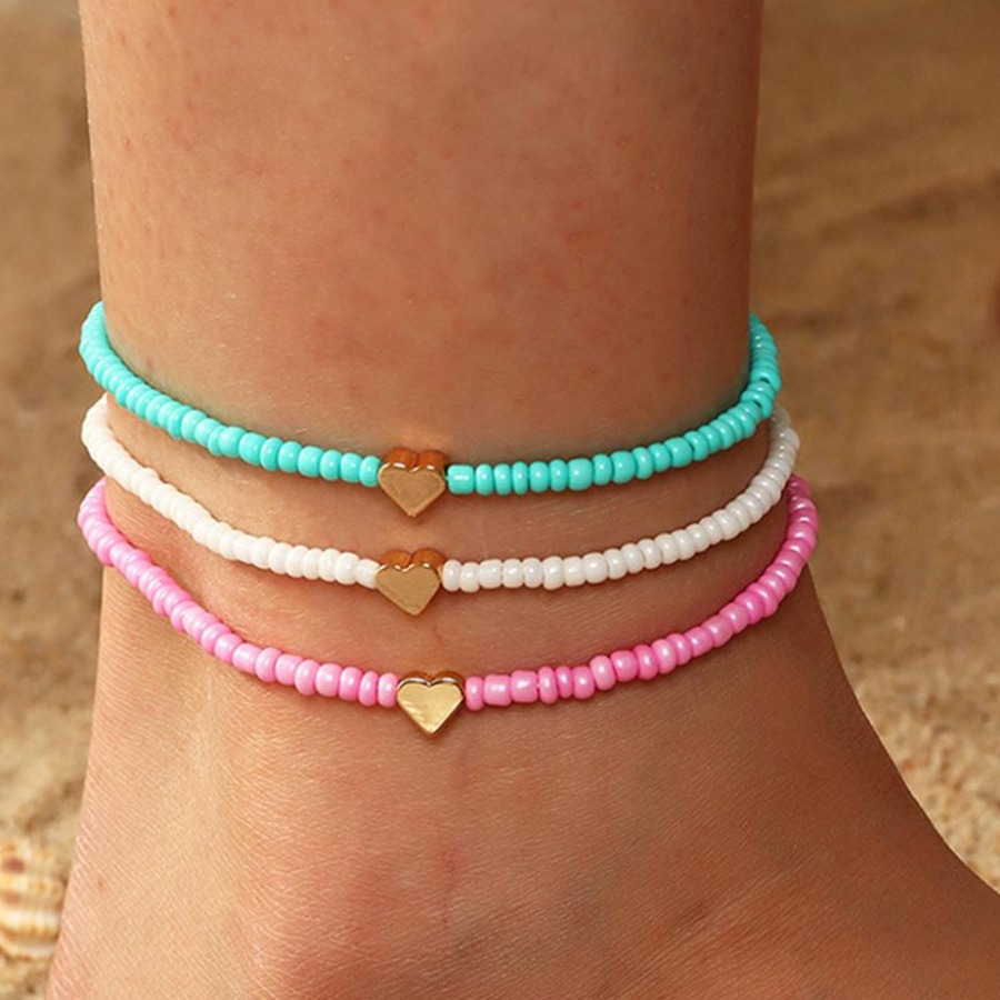 

LW 3-Pcs Bead Heart Decor Anklet Body Chain, Multi