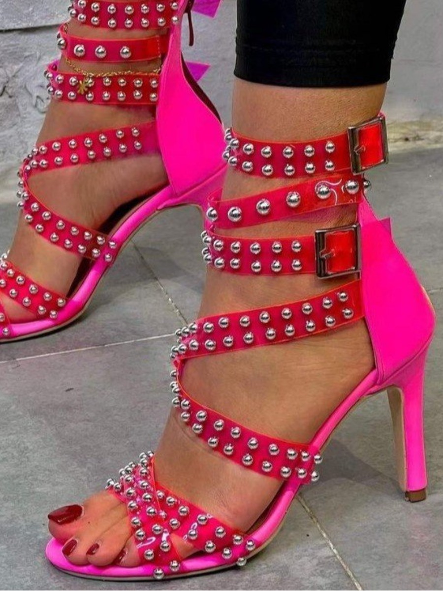 

LW Rivet Decor Spiral Strap Heels, Rose red