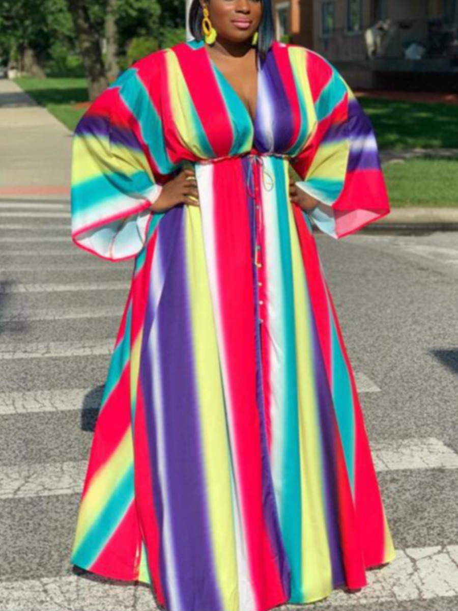 

LW Plus Size Rainbow Striped A Line Dress, Multicolor mstn