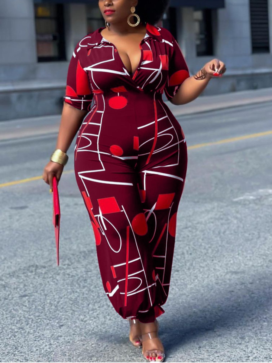 

LW Plus Size Geometric Letter Print Jumpsuit, Wine red