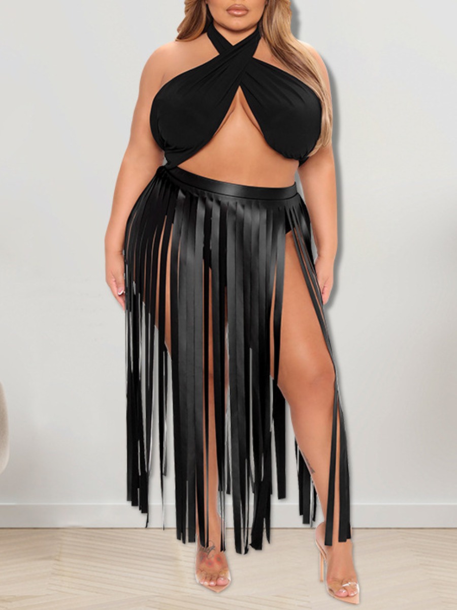 LW SXY Plus Size Leather Tassel Design Skirt Set