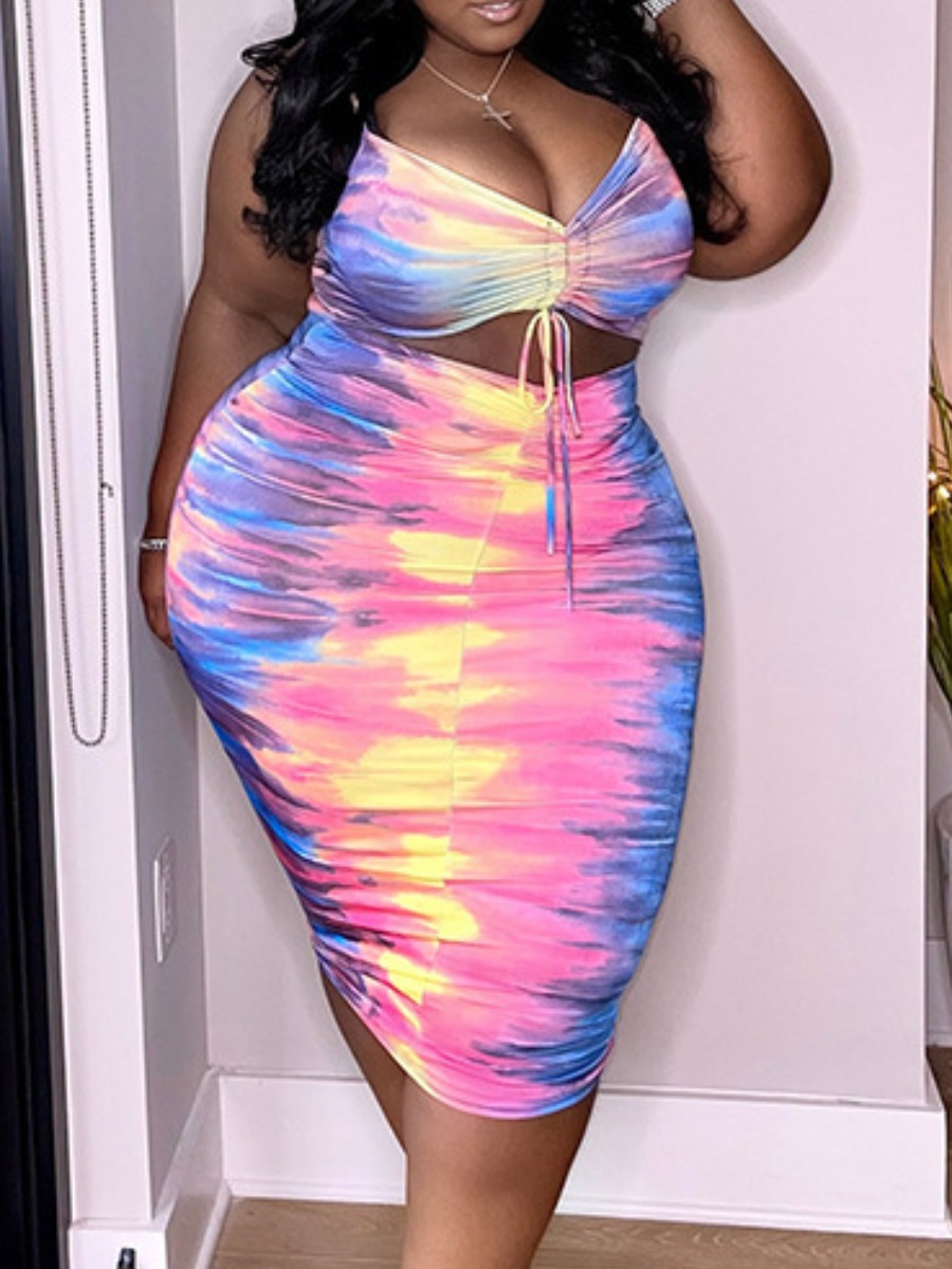 

LW SXY Plus Size Tie-dye Cut Out Drawstring Dress, Pink