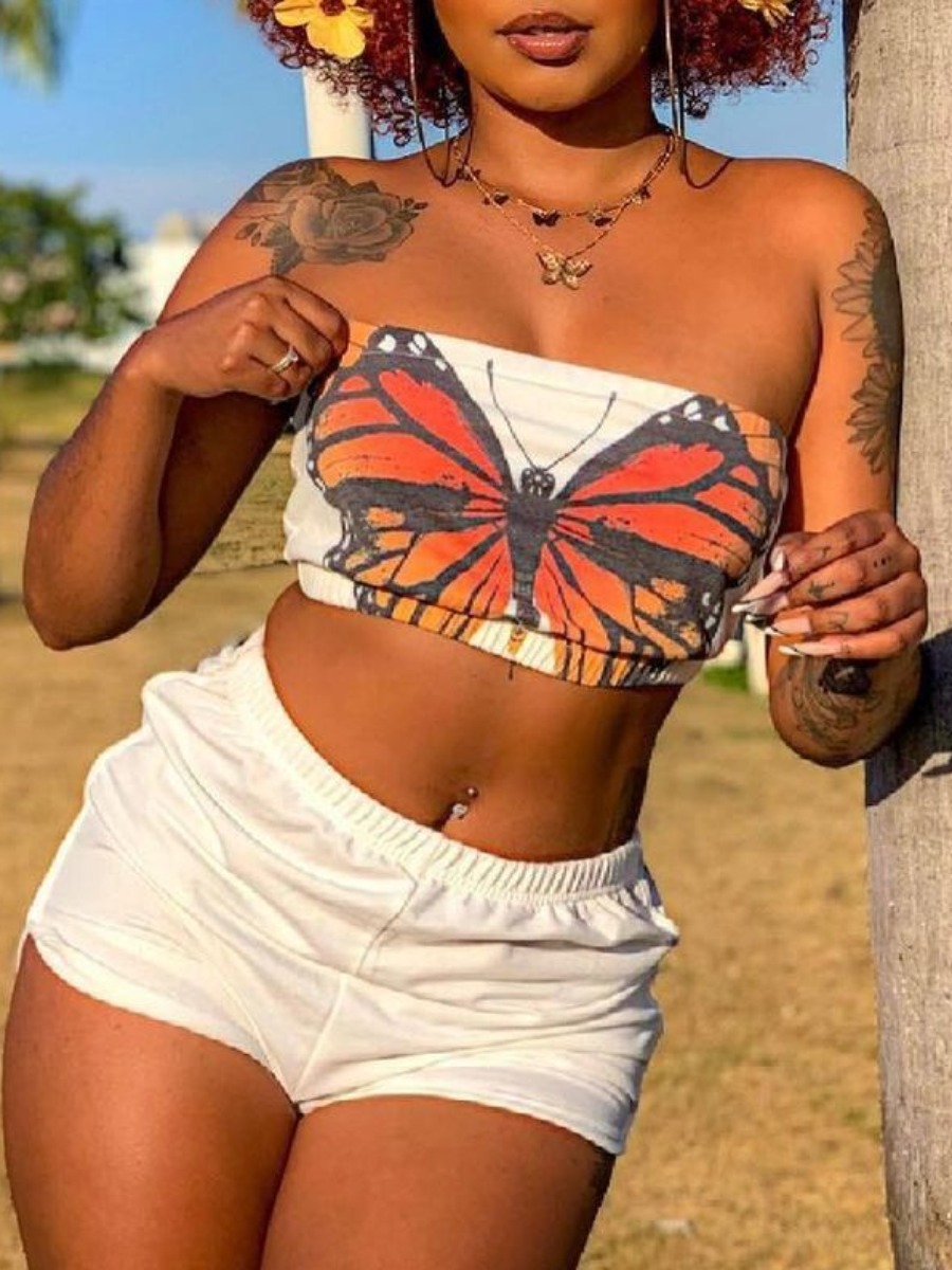 

LW SXY Crop Top Butterfly Print Shorts Set, White