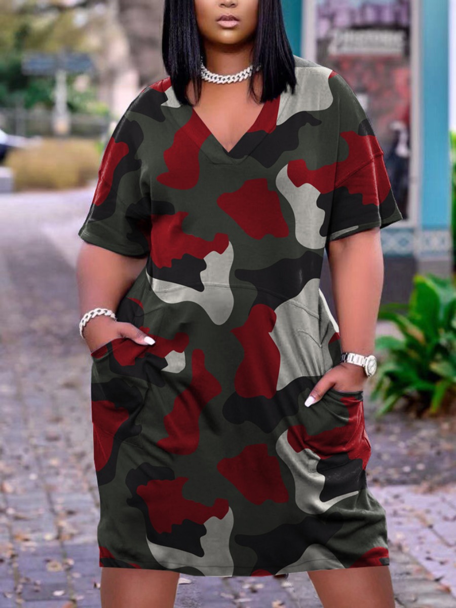 

LW Plus Size Camo Print Pocket Design Dress, Red