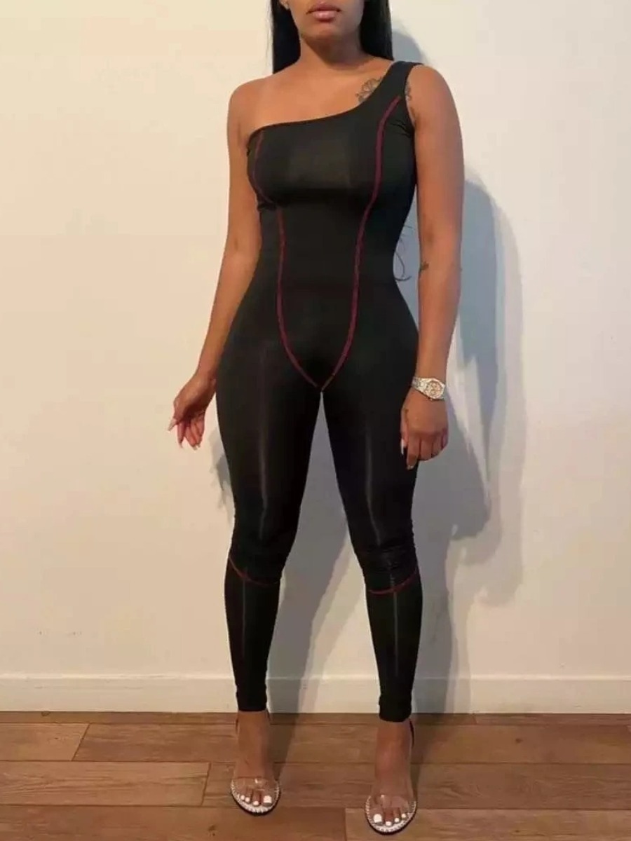 

LW One Shoulder Striped Skinny Jumpsuit, Black
