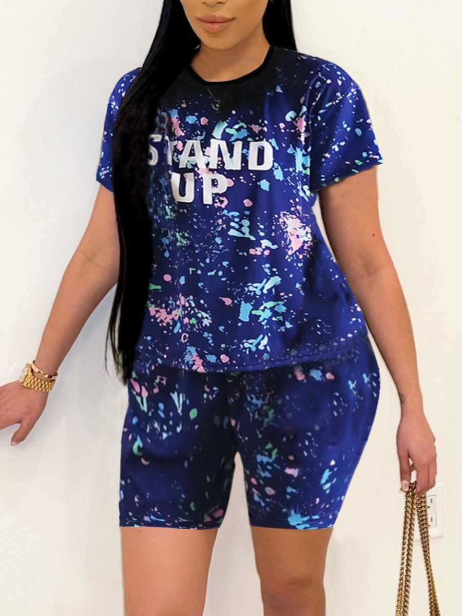 

LW BASICS Splash-ink Letter Print Shorts Set, Blue