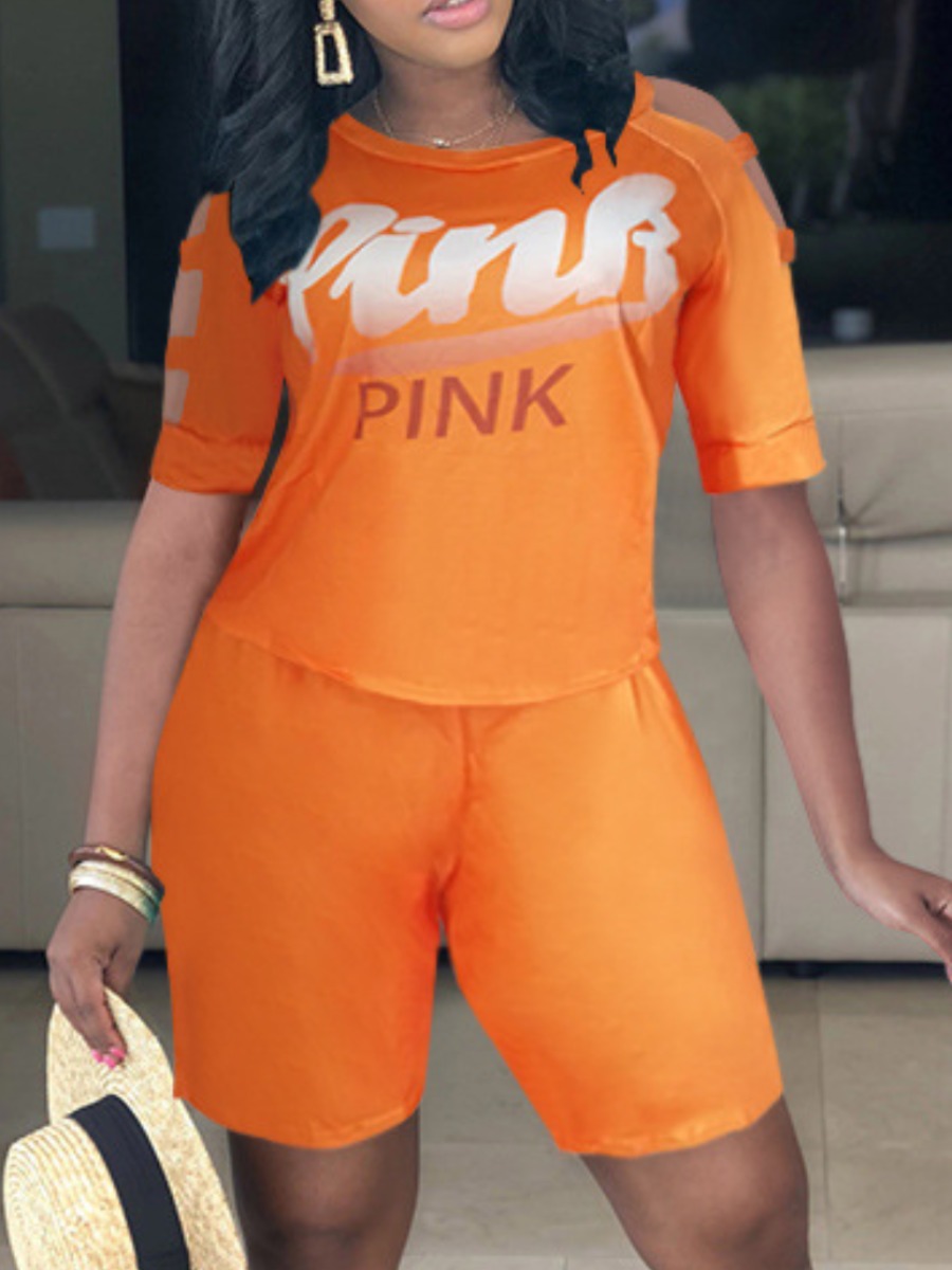

LW BASICS Pink Letter Print Cut Out Shorts Set, Orange