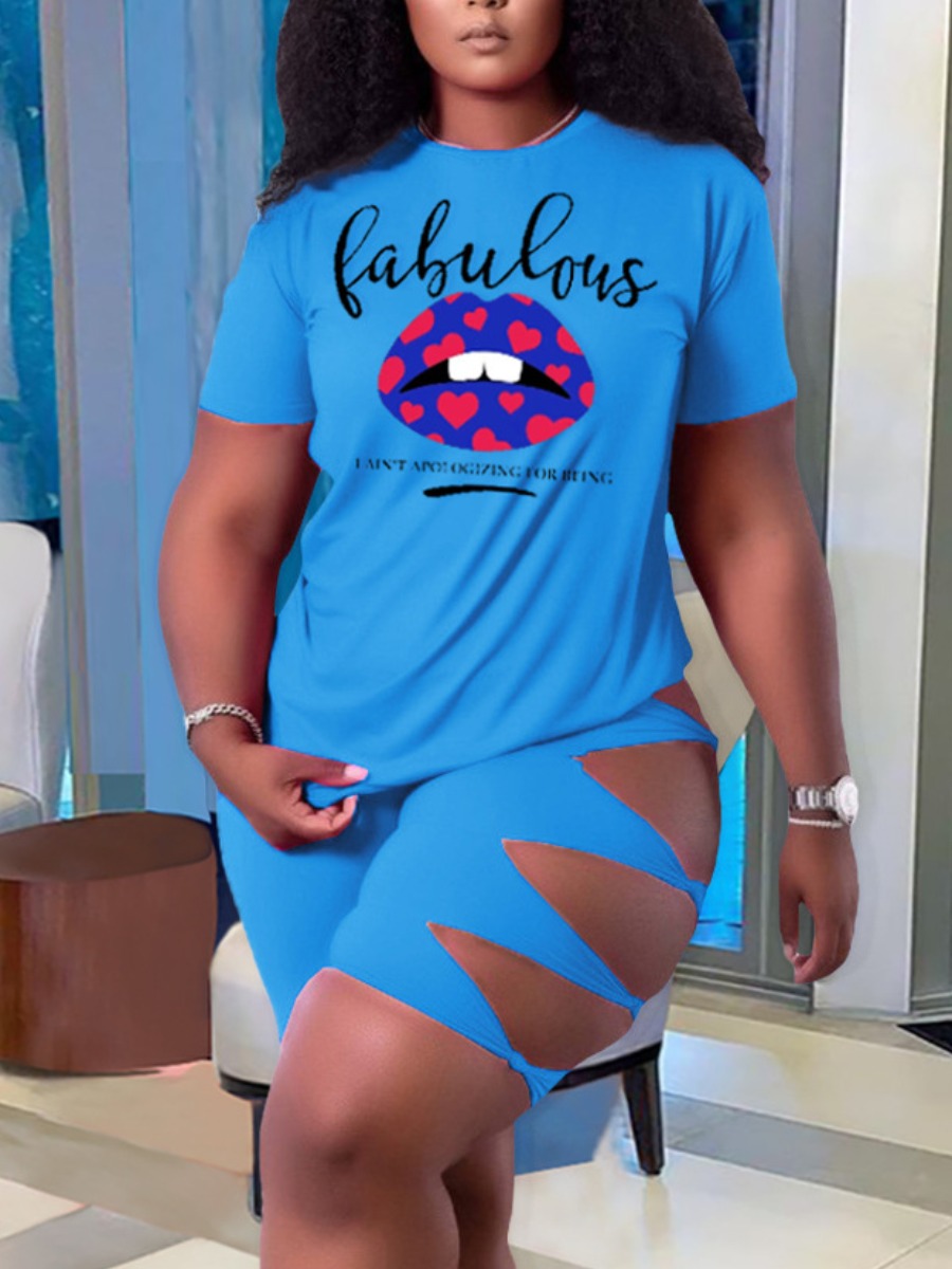 LW Plus Size Lip Letter Print Cut Out Shorts Set