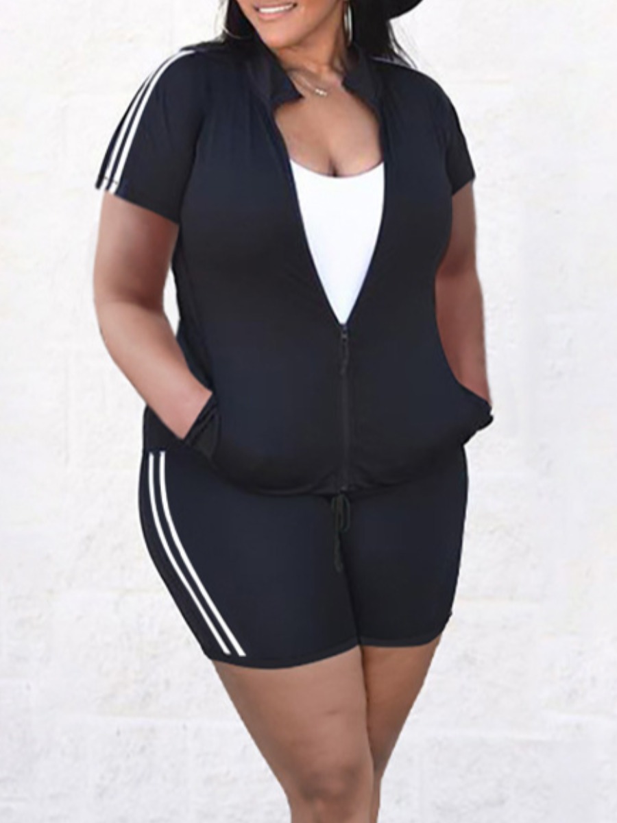 

LW Plus Size Striped Pocket Design Shorts Set, Black