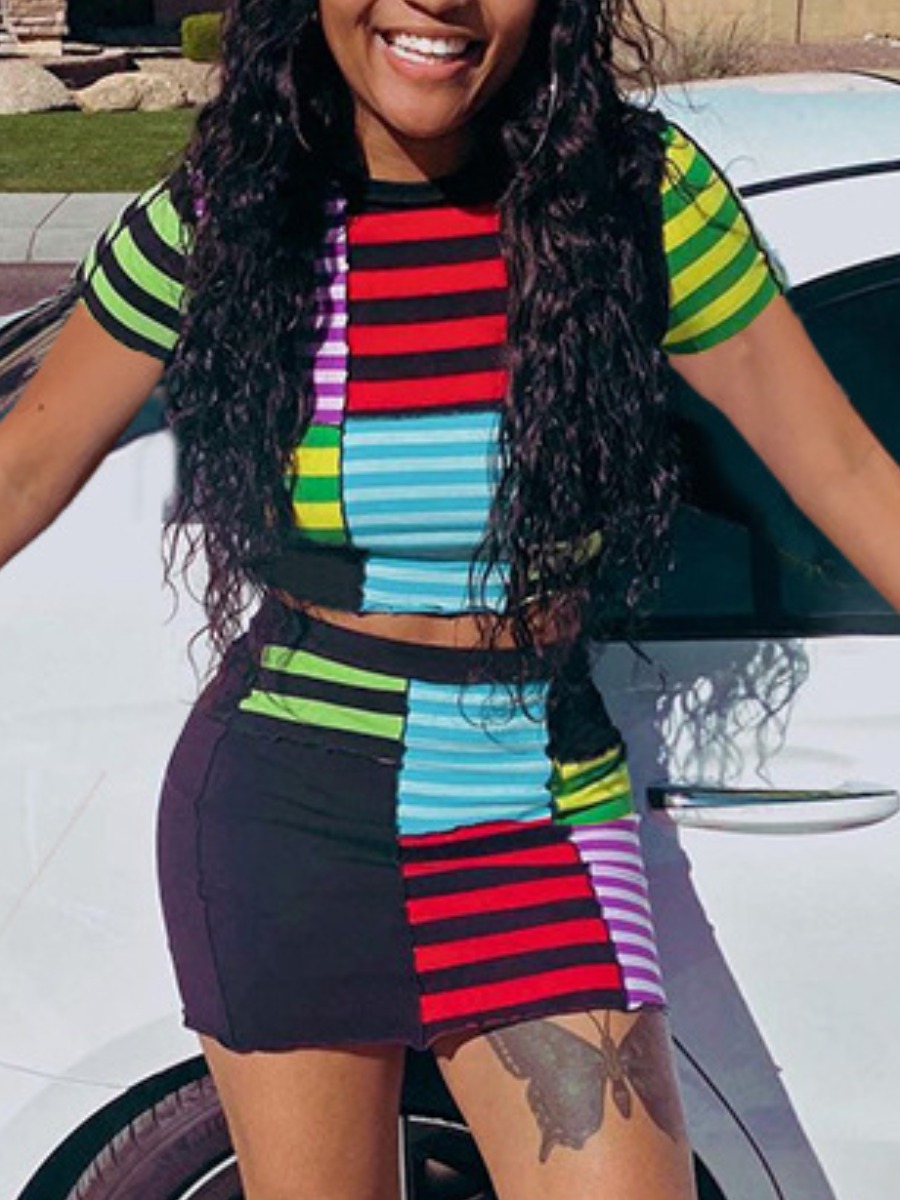 

LW Striped Lettuce Trim Skirt Set, Multicolor stripe
