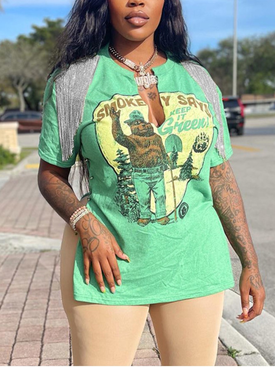 

LW Cartoon Letter Print Tassel Design Split Front T-shirt, Green