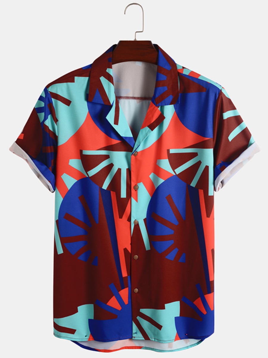 

LW COTTON Men Geometric Print Patchwork Shirt, Multi