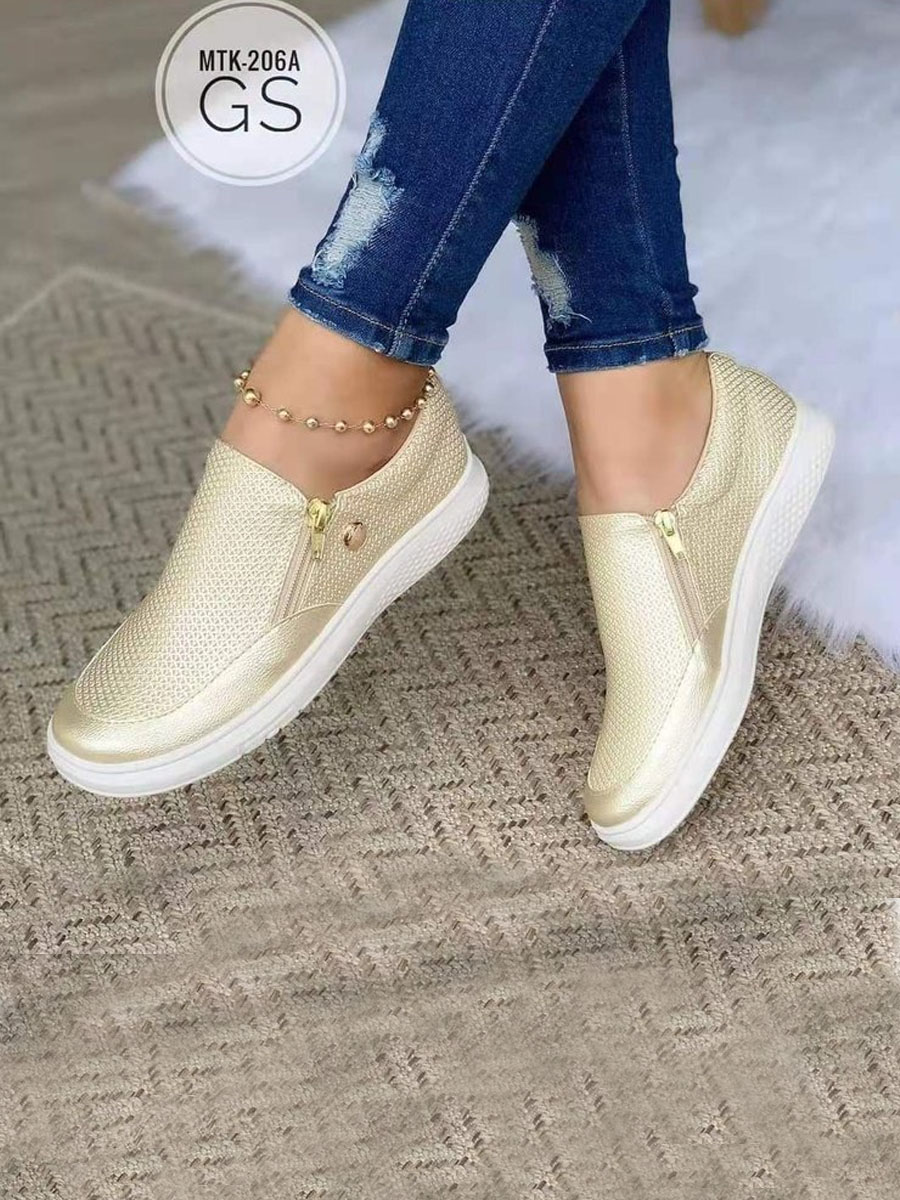 

LW Round Toe Zipper Design Flats, Gold