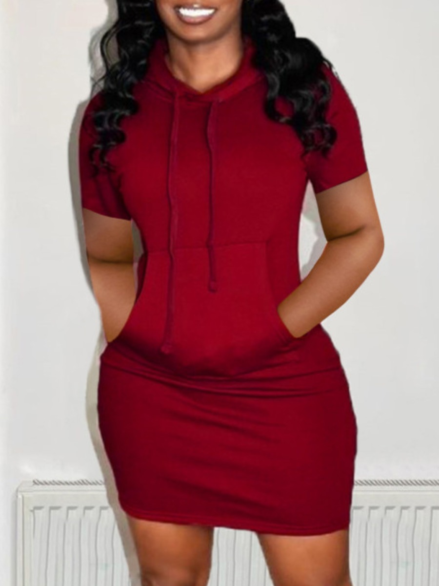 

LW Hooded Collar Kangaroo Pocket Dress, Wine red