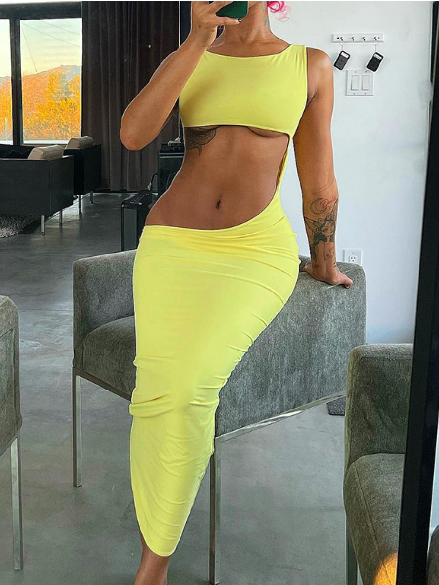 

LW SXY Round Neck Cut Out Bodycon Dress, Yellow