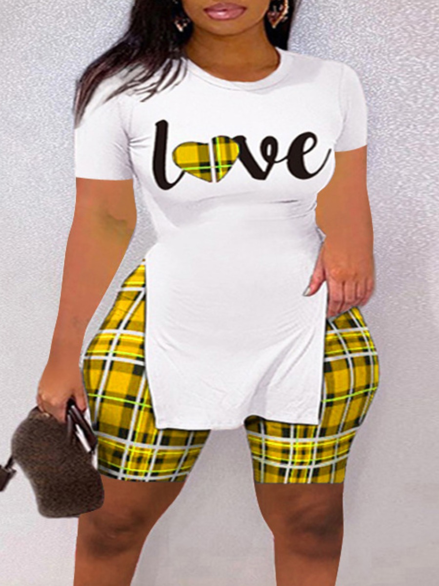 

LW BASICS Plus Size Plaid Letter Print Split Shorts Set, Yellow