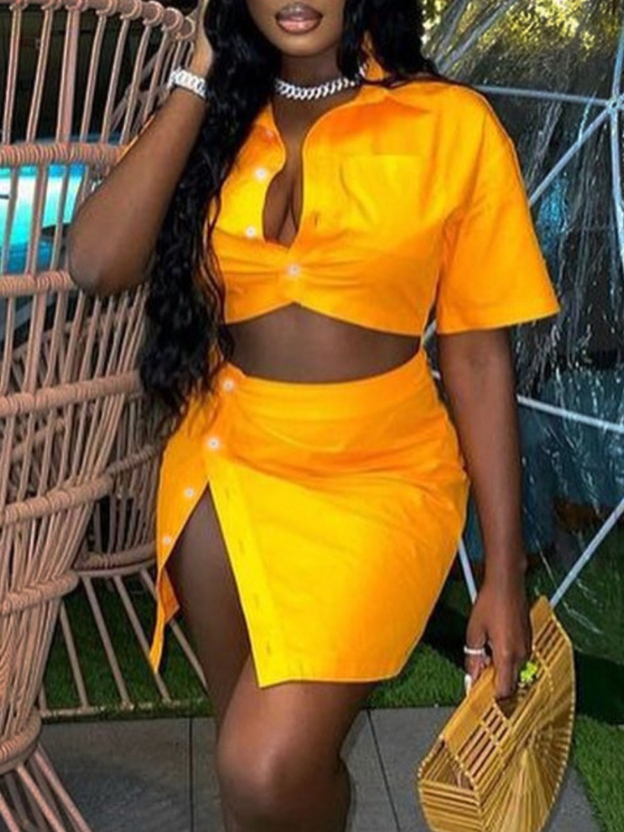 

LW Crop Top Button Design Skirt Set, Yellow