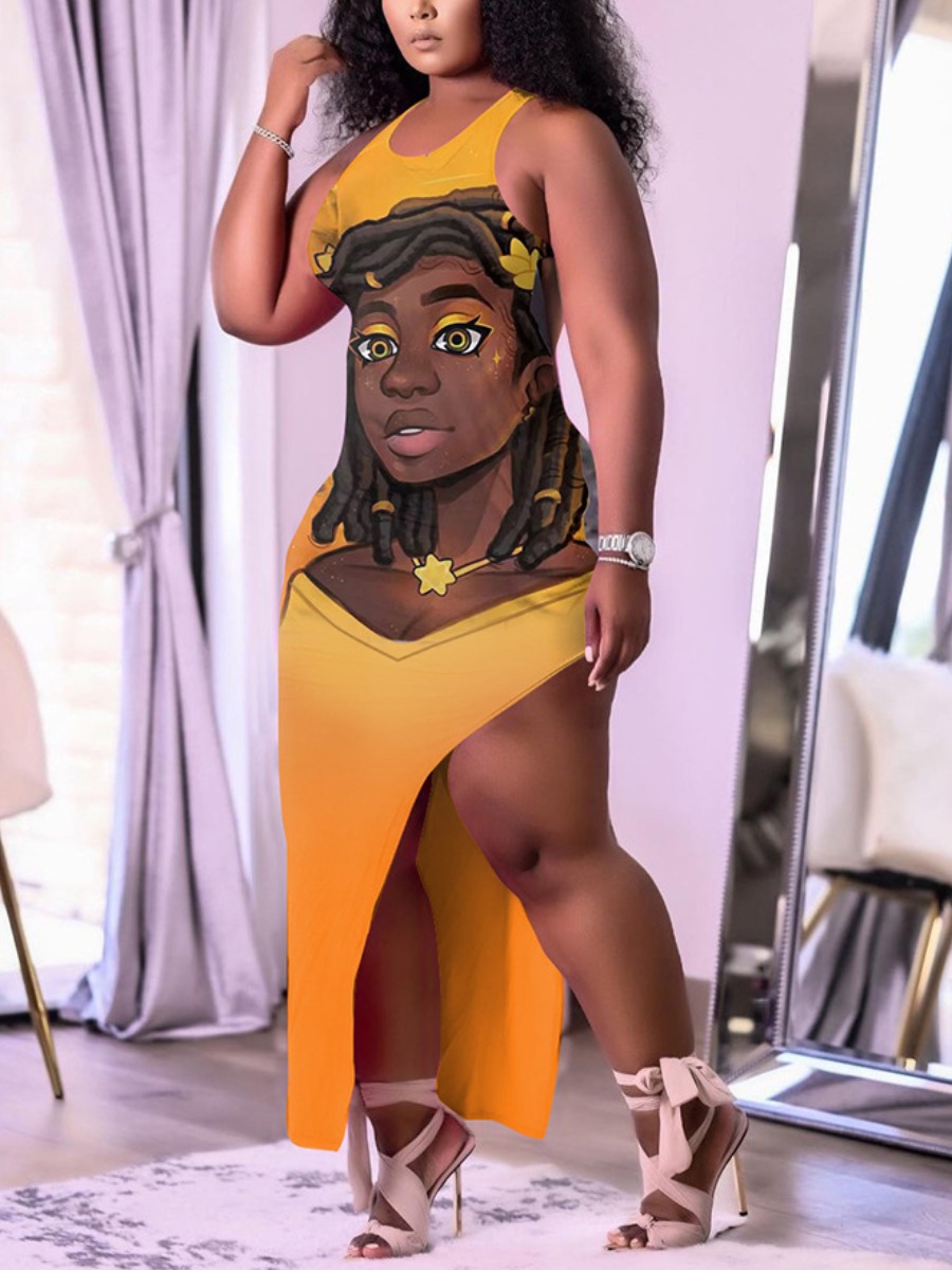 

LW SXY Plus Size Gradient Figure Print Thigh Slit Dress, Orange