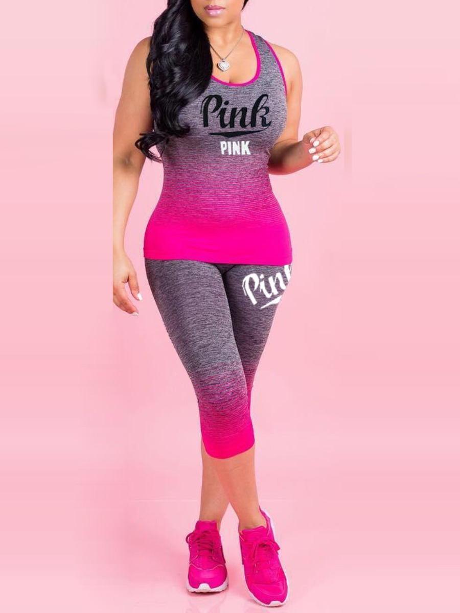 LW Gradient Pink Letter Print Pants Set